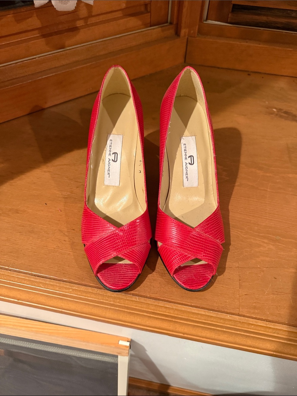 Etienne Aigner Red Textured Peep-Toe Pumps